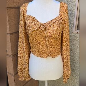 Kingston Grey Yellow Floral Smocked Long-Sleeve Crop Top